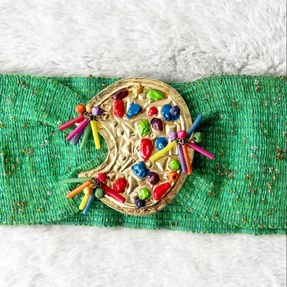 BORBONESE Vintage 1980s Green Stretchy Beaded Belt with Gold Tone Clasp